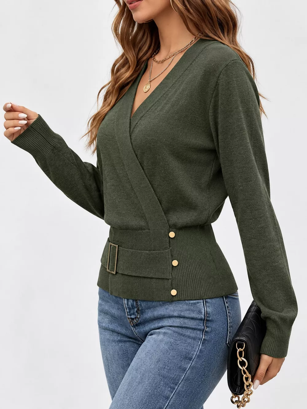 Surplice Elastic Waist Long Sleeve Knit Top, image 31