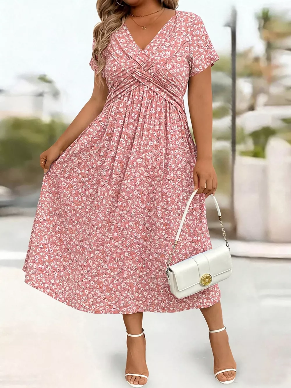 Full Size Twisted Front Short Sleeve Midi Dress with Pockets Plus Size, image 33
