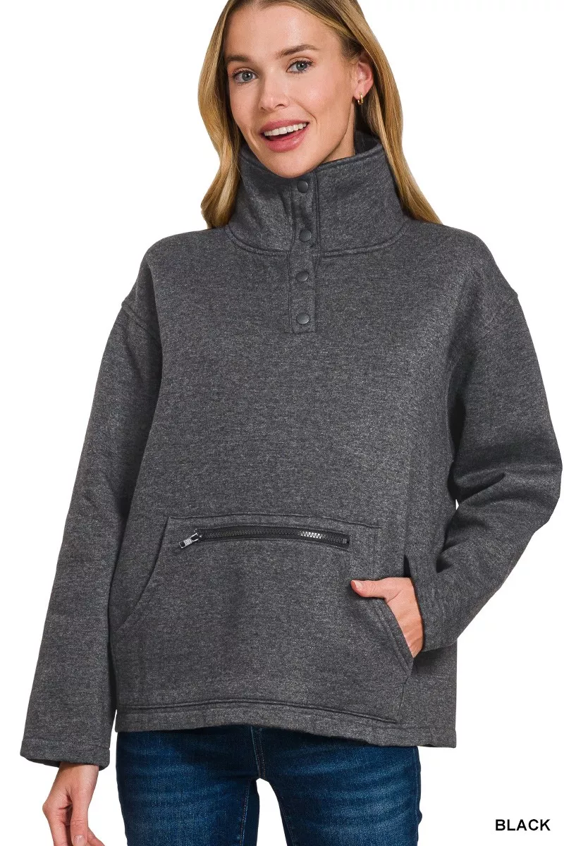 Fleece Washed High Neck Kangaroo Pocket Sweatshirt, image 2