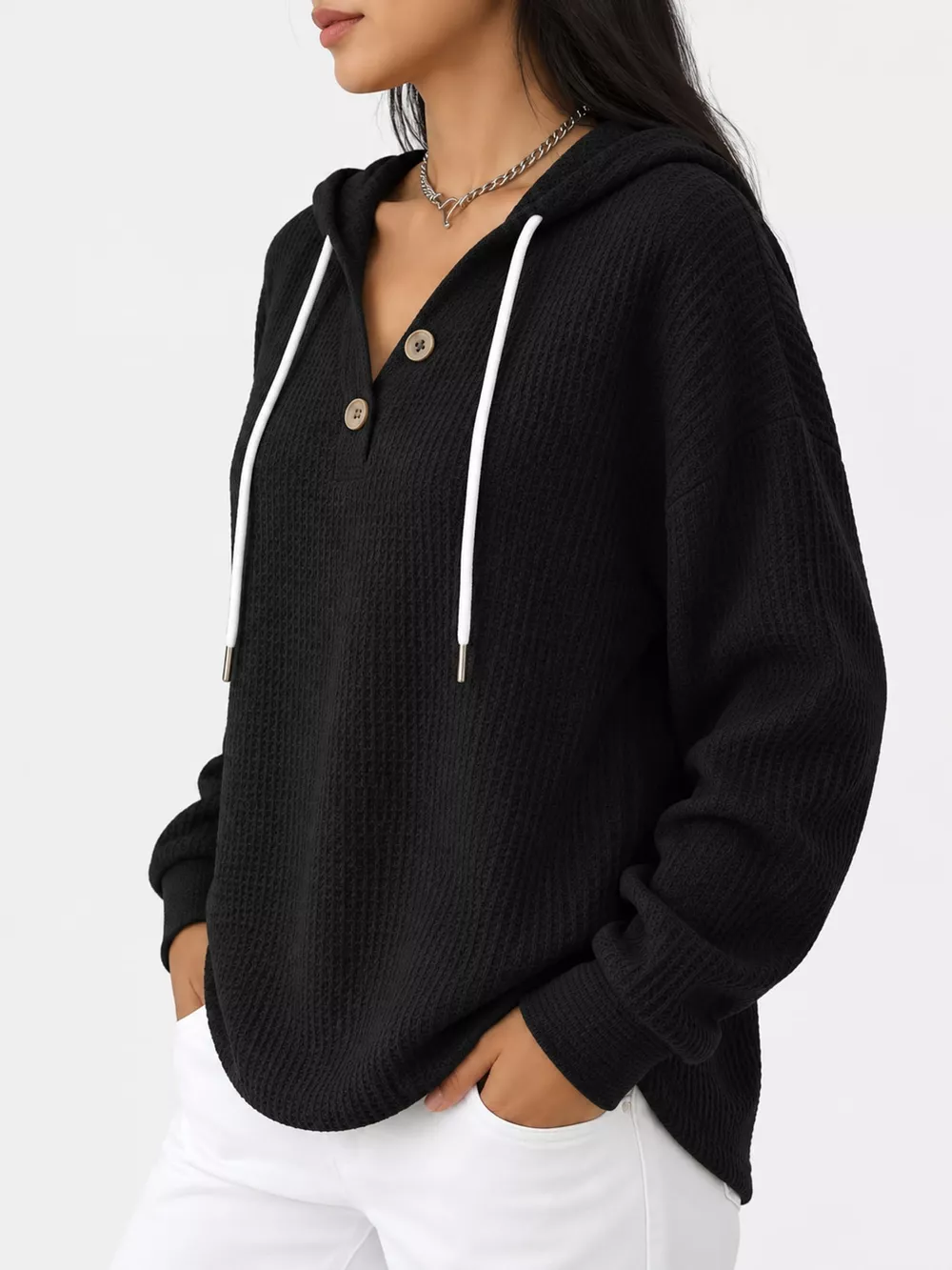 Full Size Waffle Knit Button Detail Hoodie Plus Size, image 21