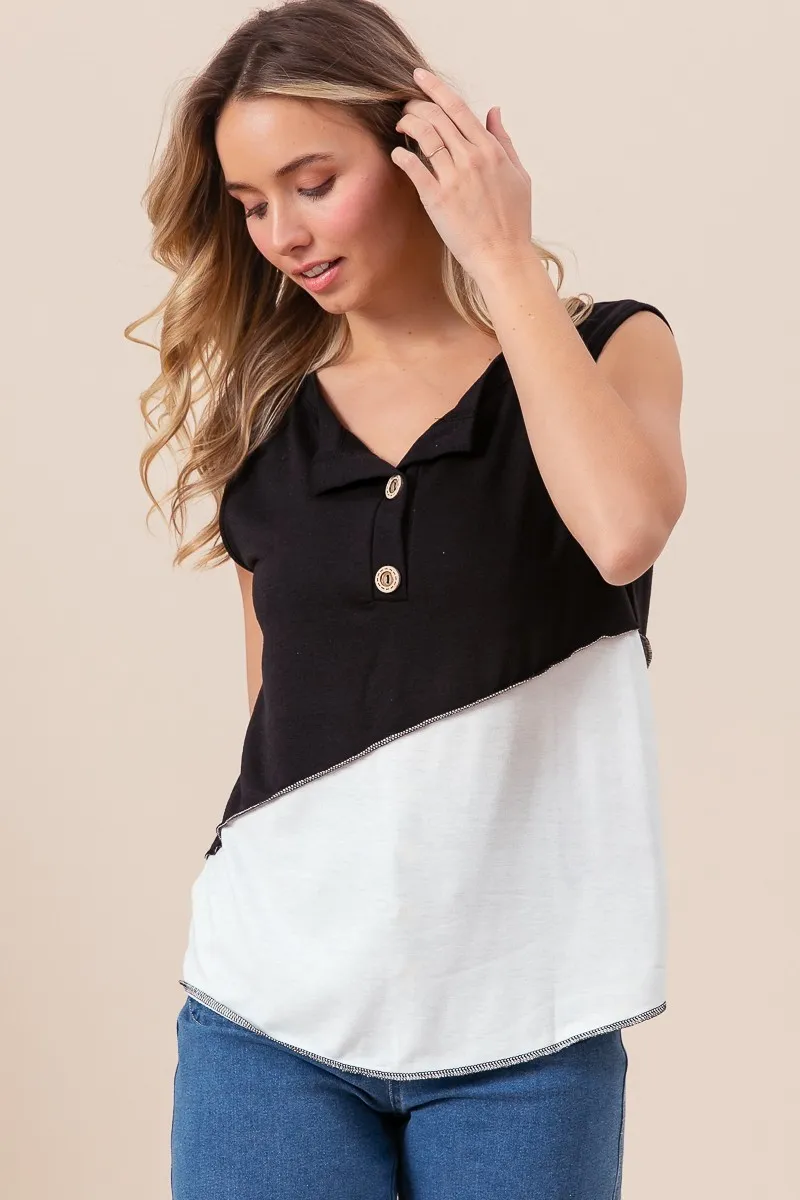 Color Block Contrast Stitching Buttoned Henley Top, image 7
