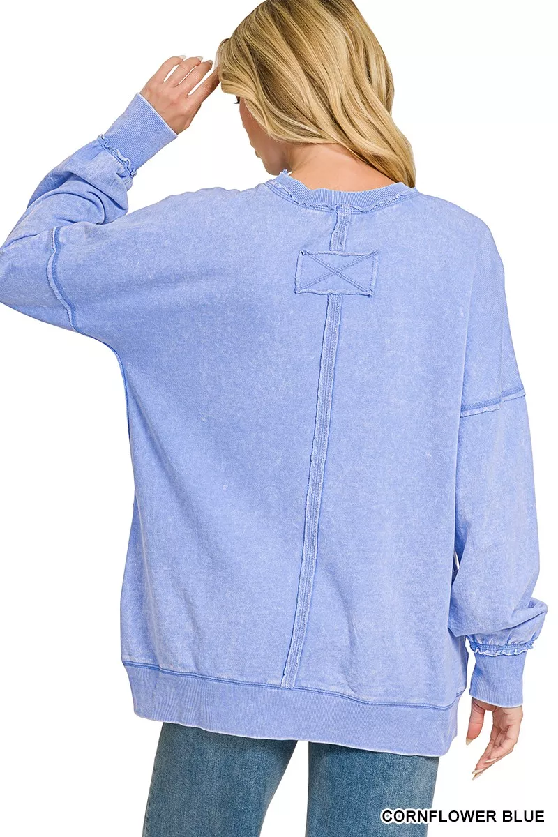 Zenana Acid Wash Raw Edge French Terry Sweatshirt with Front Pocket, image 3