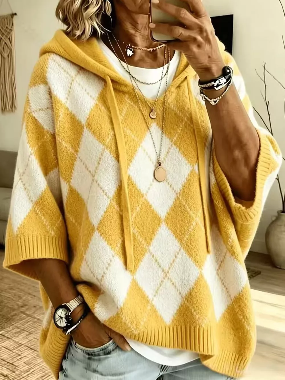 Full Size Argyle Pattern Hooded Sweater Plus Size, image 10