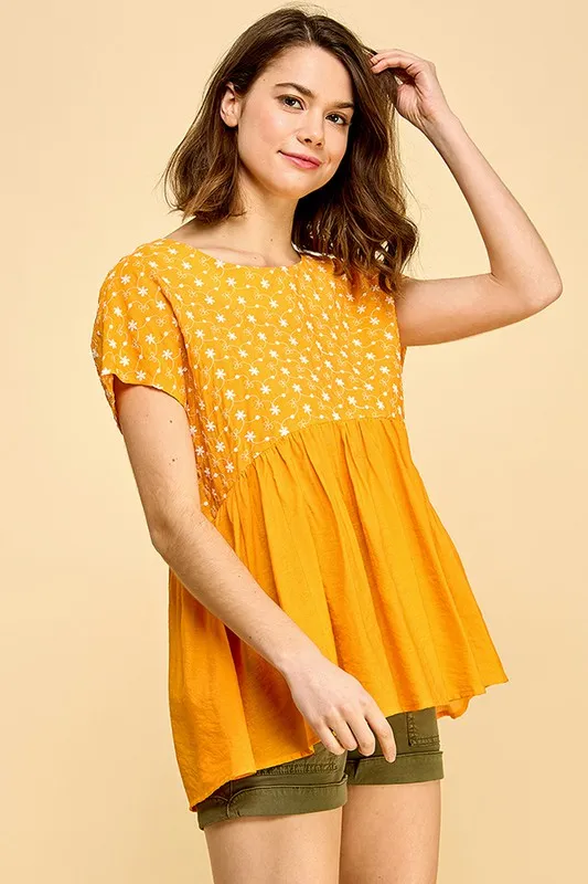 Embroidered Short Sleeve Pleated Babydoll Top, image 5