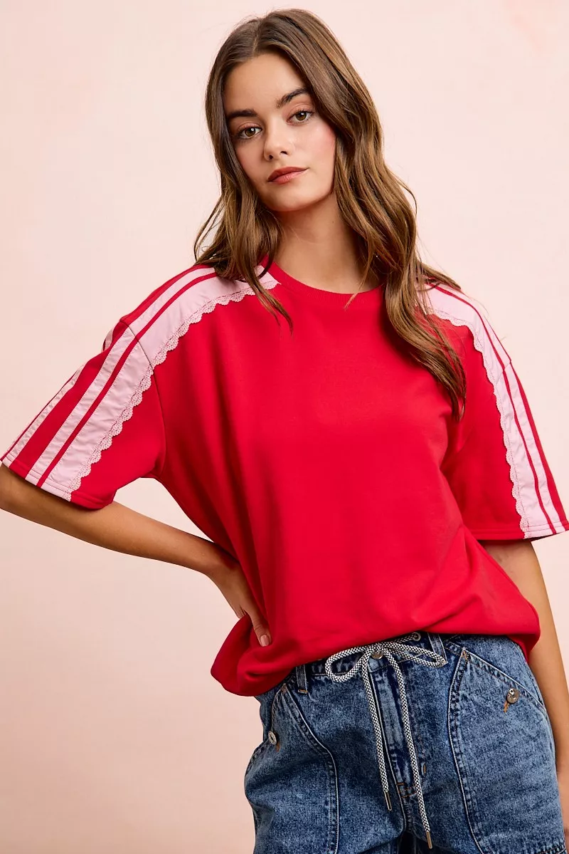 BiBi French Terry Side Lace Detail Short Sleeves Top, image 13