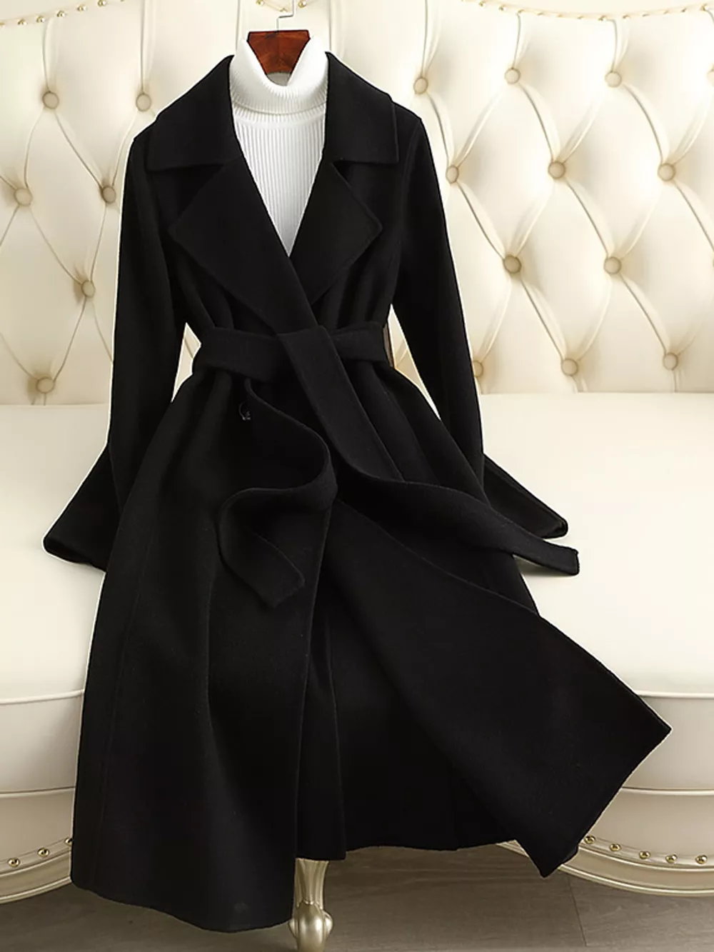 Longline Wool Coat with Waist-Defining Belt