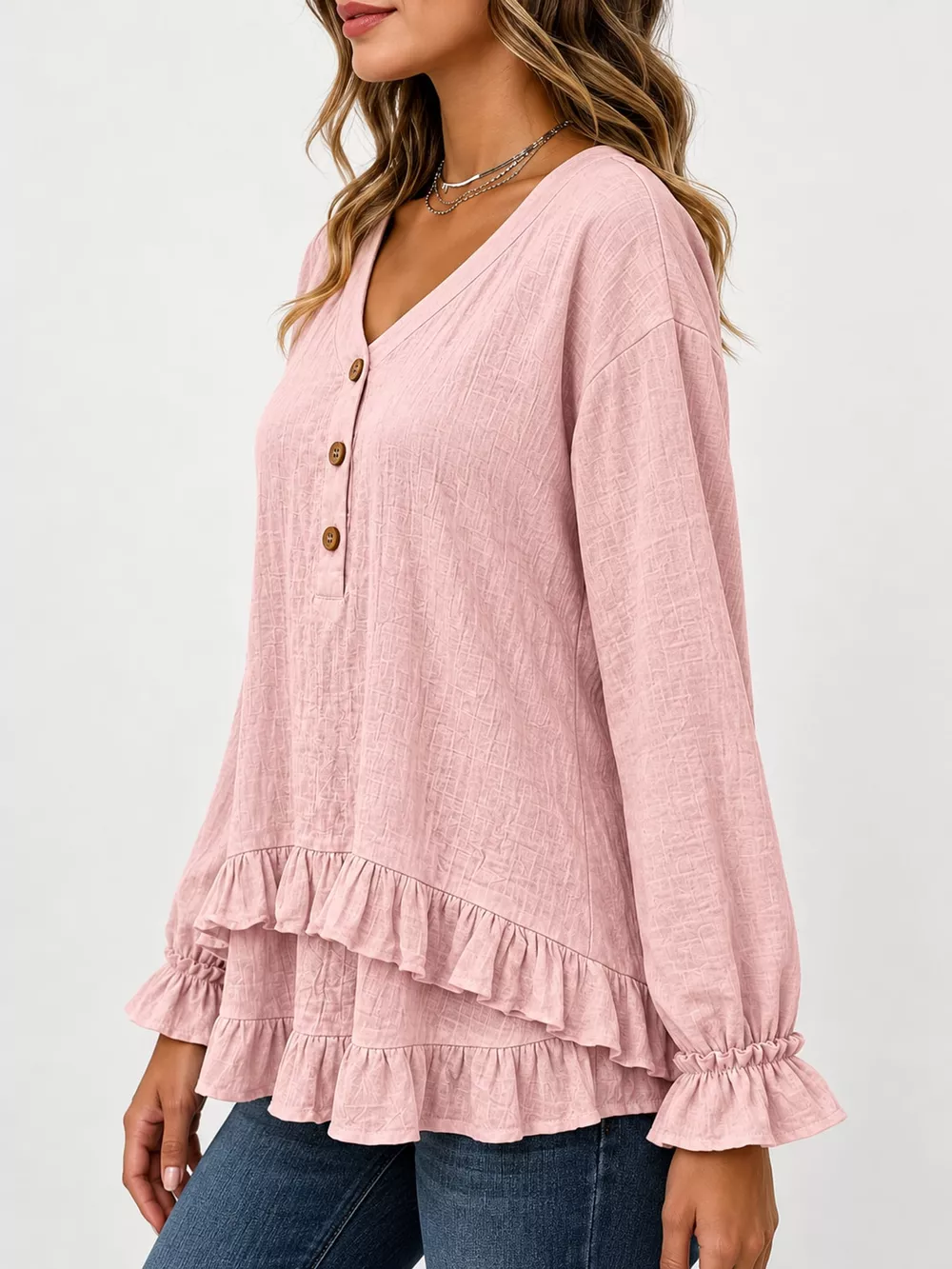 V-Neck Long Sleeve Ruffled Hem Blouse, image 2