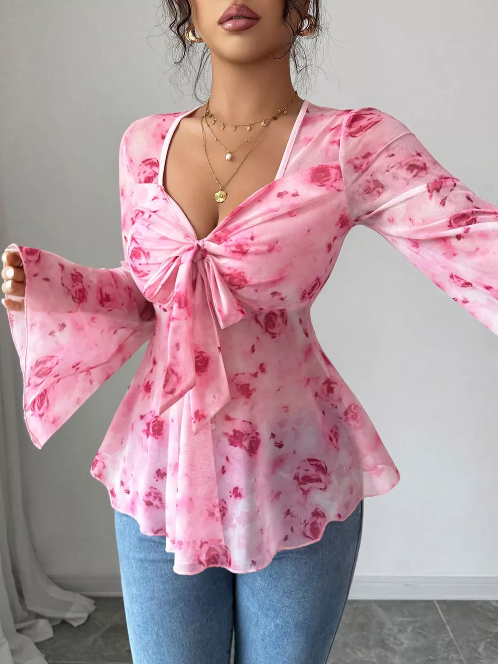 Floral Print Tie Front Flare Sleeve Chiffon Blouse, image 3
