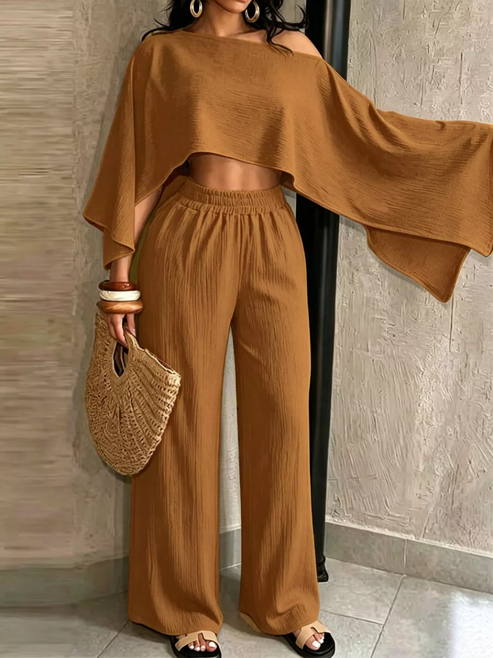 Boat Neck Crop Top and Wide-Leg Pants Set, image 15