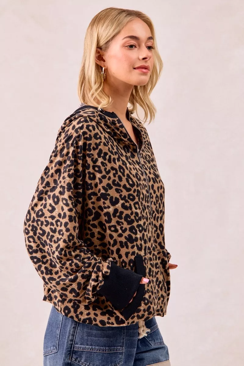 Leopard Print Waffle Half Zip Up Hoodie W Pocket, image 12