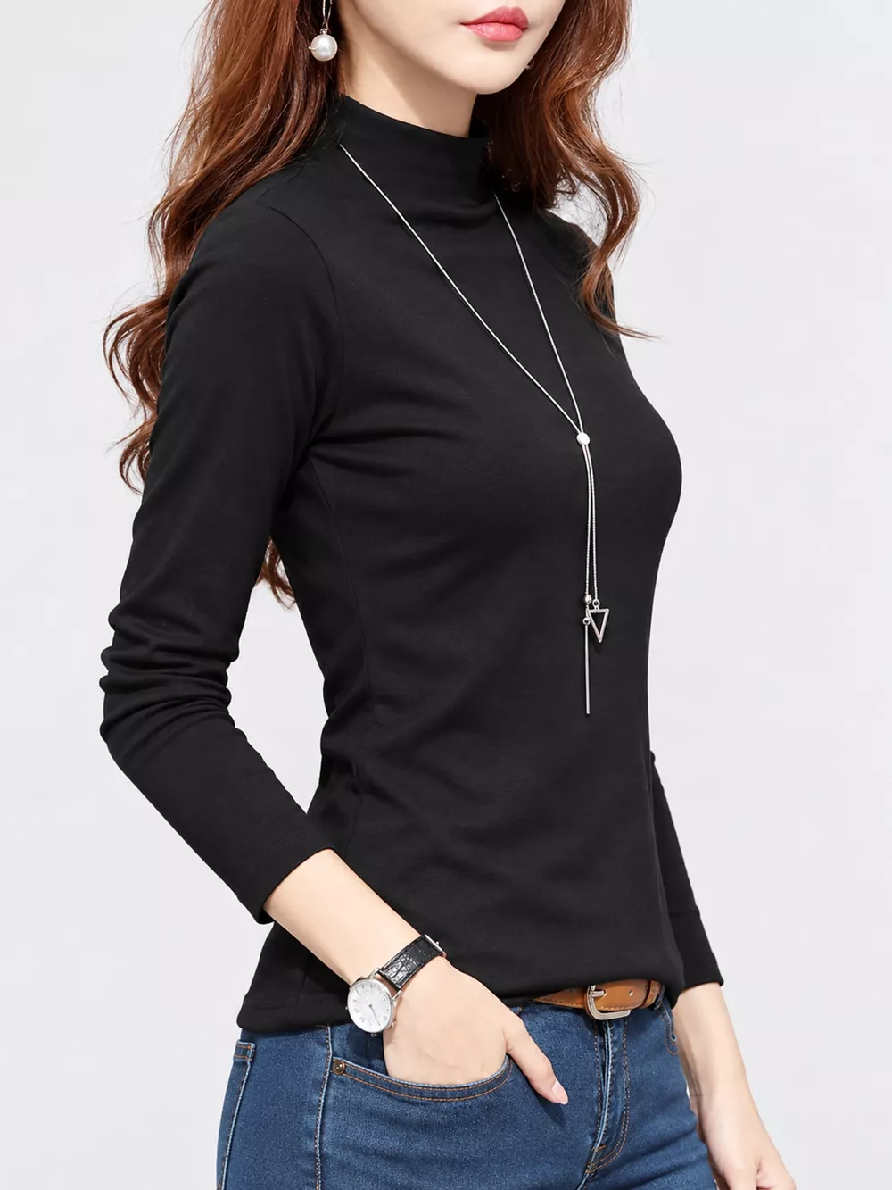 Full Size Slim-Fit Mock Neck Long Sleeve Basic T-Shirt Plus Size, image 12