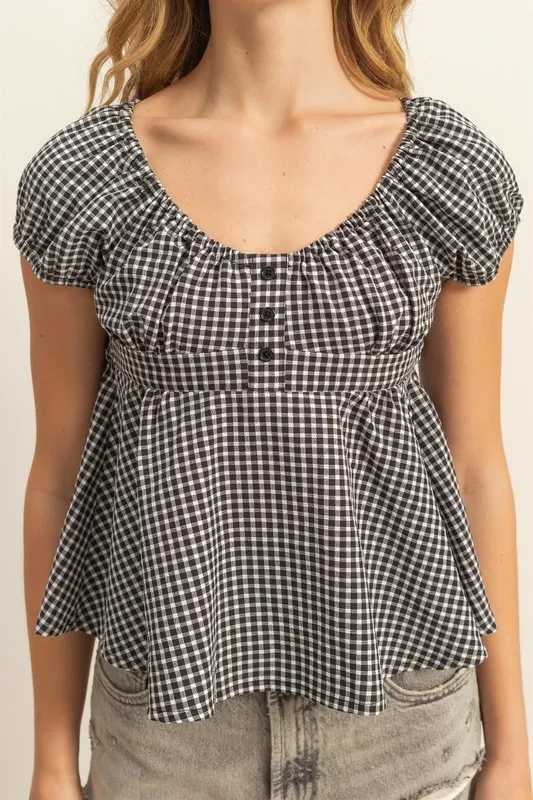 Gingham Scoop Neck Cap Sleeve Blouse, image 5