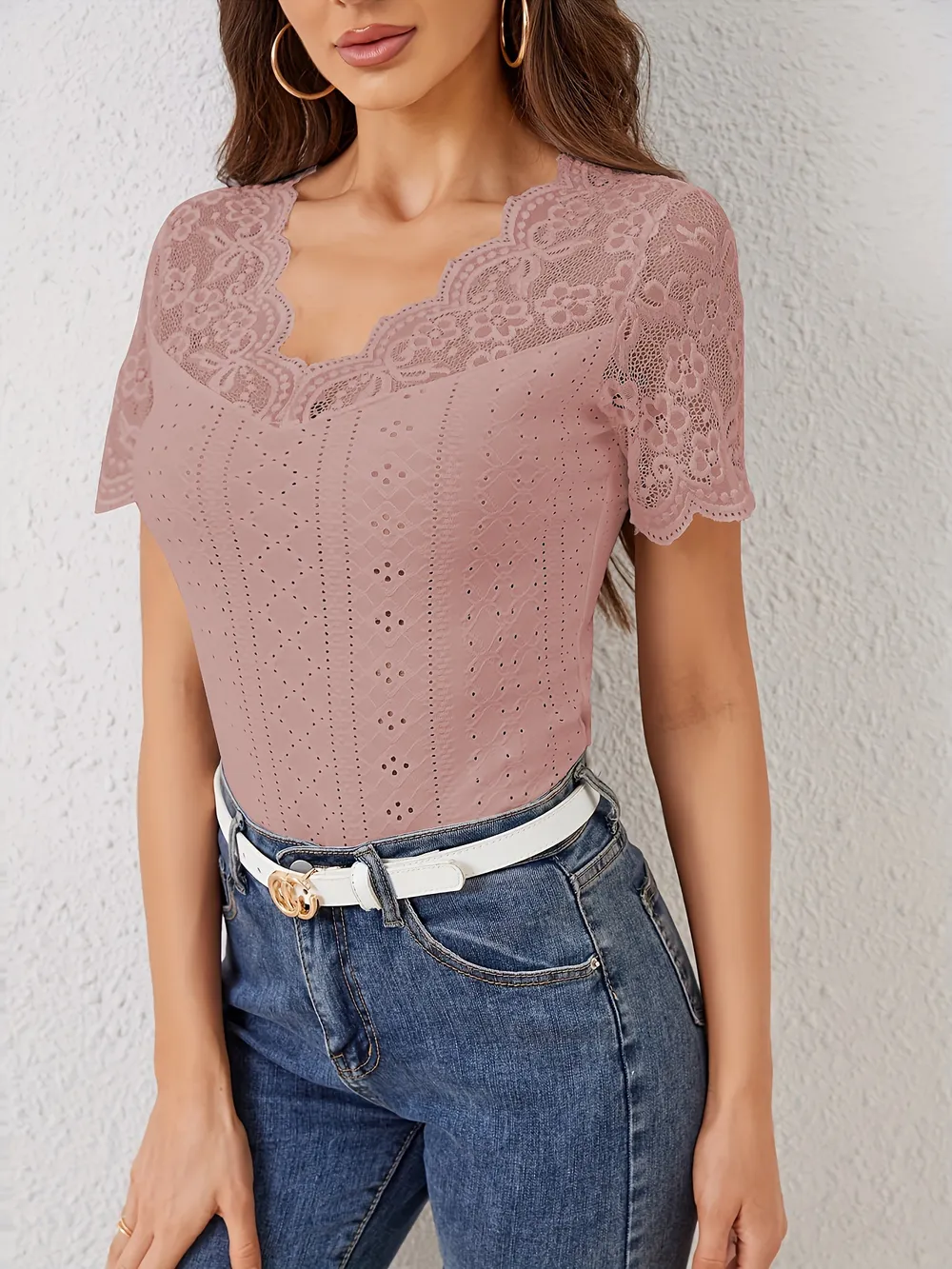 Lace Scalloped V-Neck Eyelet T-Shirt, image 19