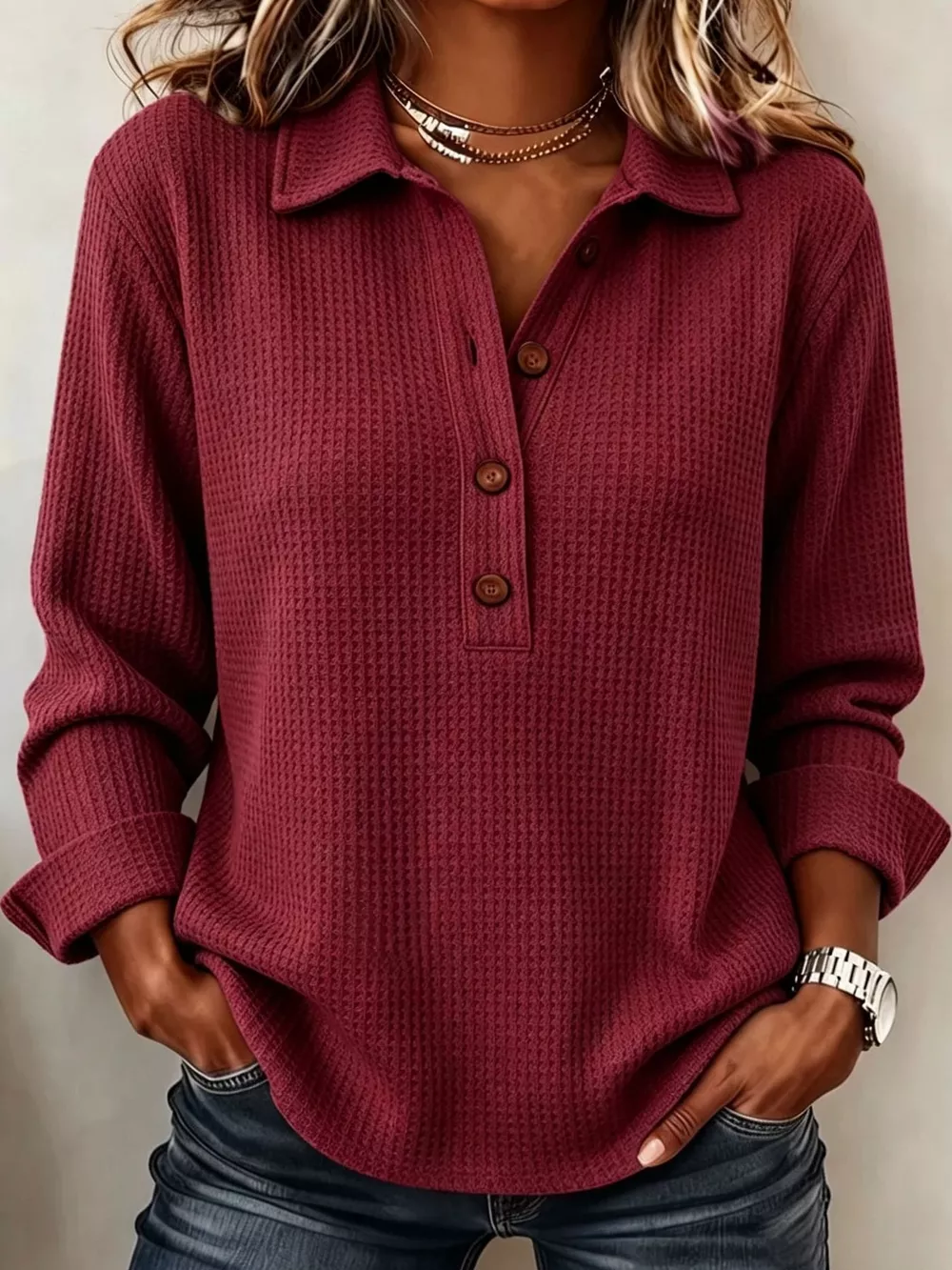 Full Size Waffle Knit Long Sleeve Polo Top Plus Size, image 13