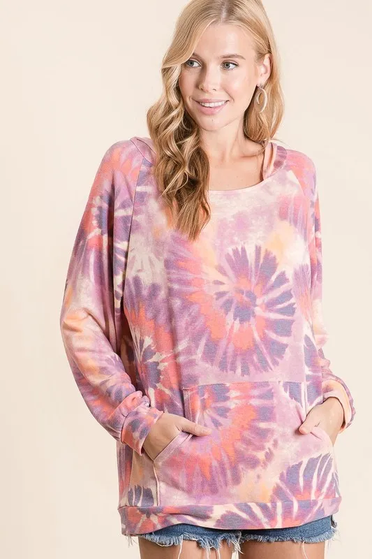 Circular Tie Dye Print Terry Hoodie with Kangaroo