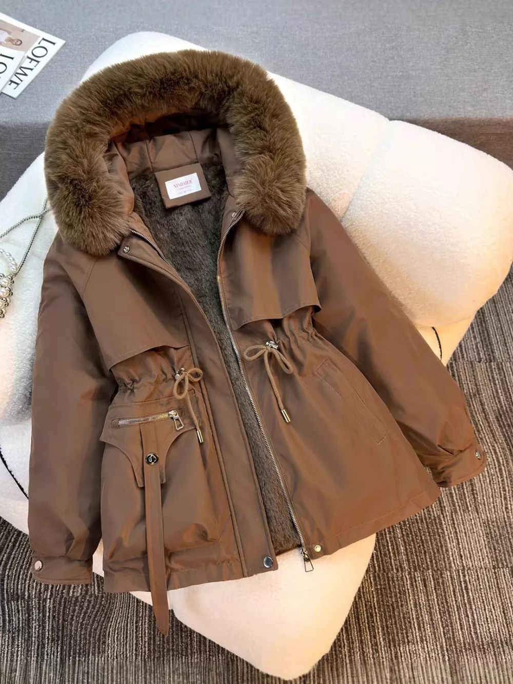 Plus Size Faux Fur Hooded Drawstring Waist Winter Parka Outerwear, image 4