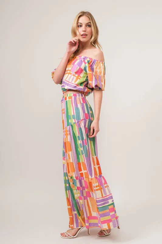 Puff Sleeve Elastic Edges Geo Printed Crop Top, image 2