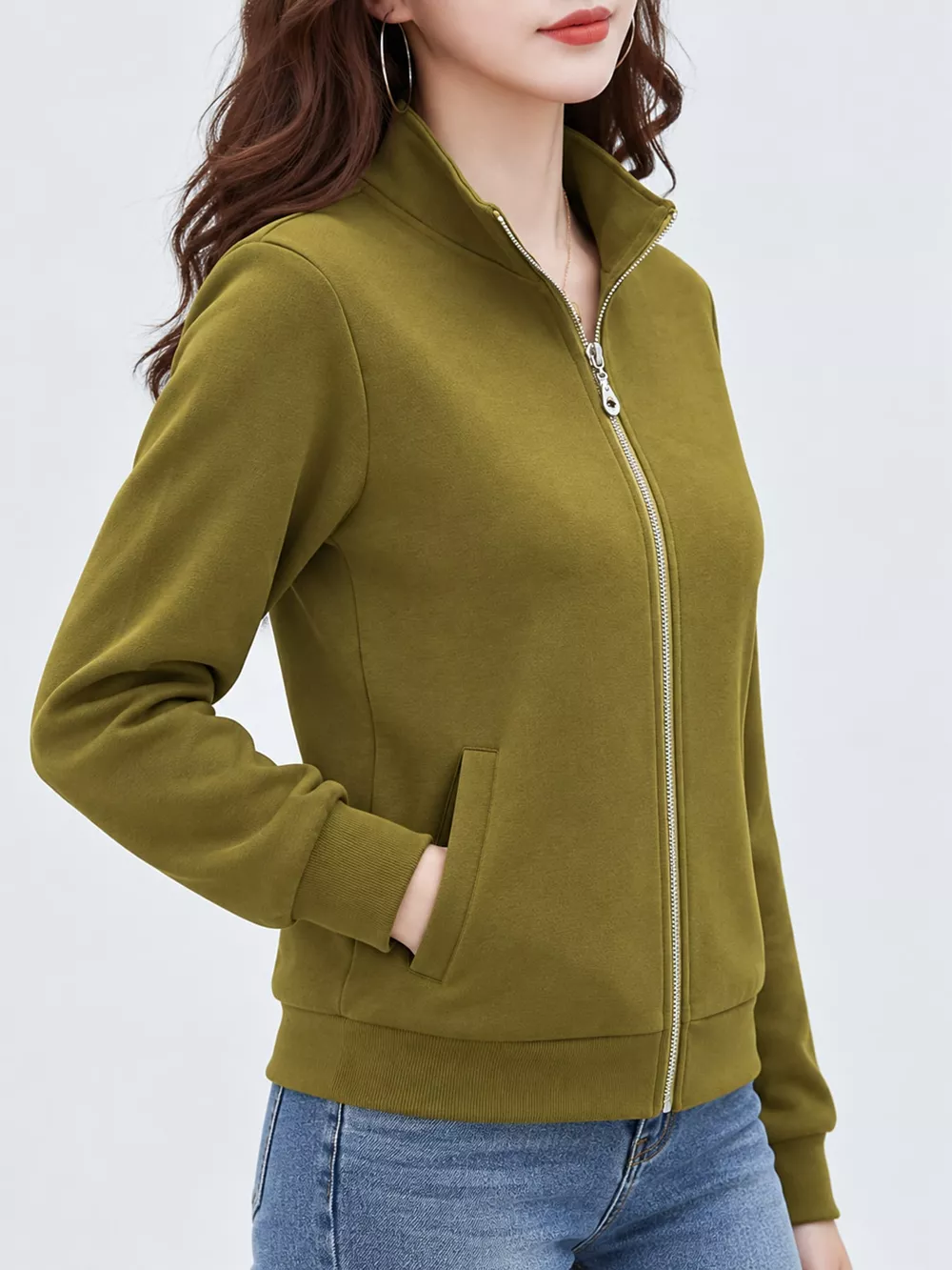 Full Size Stand-Collar Zip-Up Sweatshirt Plus Size, image 26