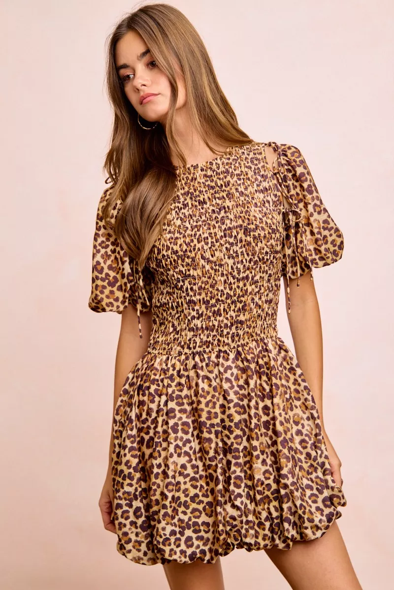 Leopard Bow Tie Attachable Puff Sleeves Dress, image 20