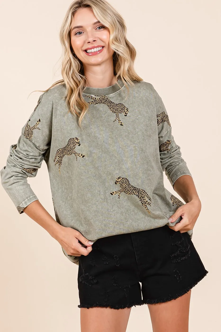 Mineral Wash Cheetah Print Long Sleeve Top, image 4