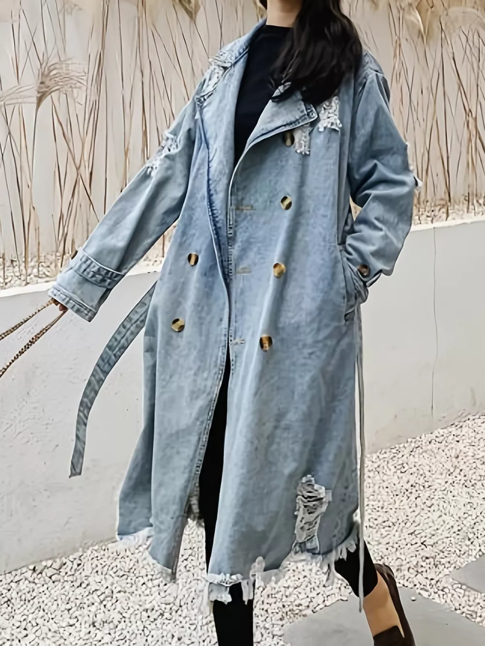 Distressed Double-Breasted Longline Denim Jacket