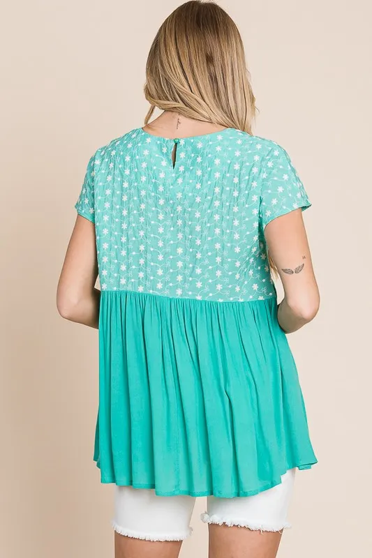 Full Size Embroidered Short Sleeve Pleated Babydoll Top Plus Size, image 3