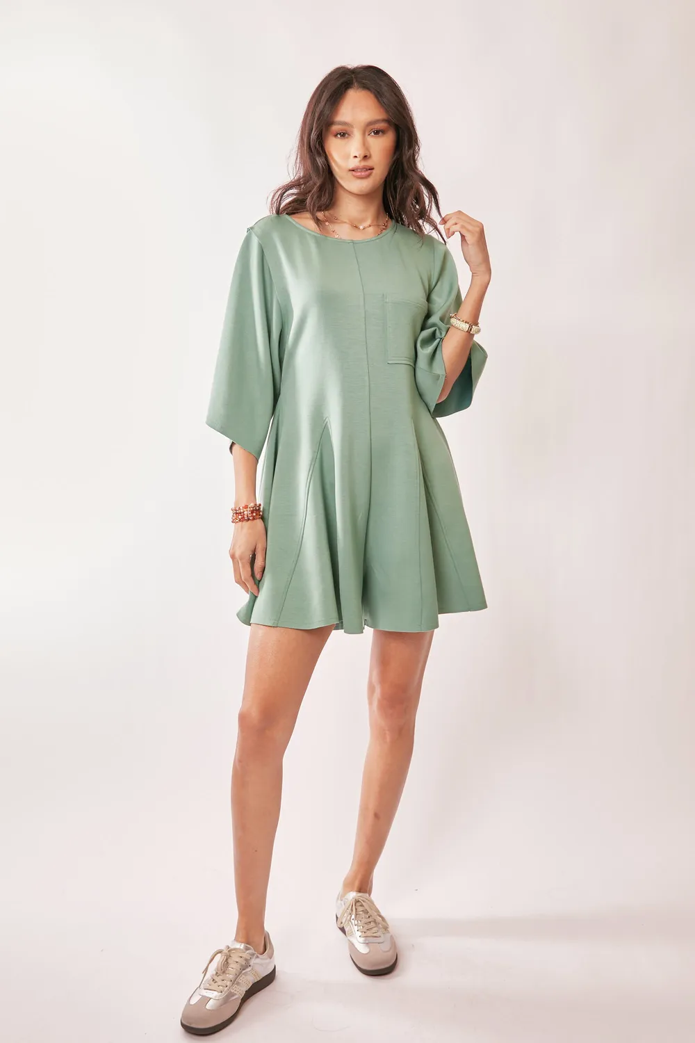 Solid Draped Sleeve Ties Back Skort Romper, image 4