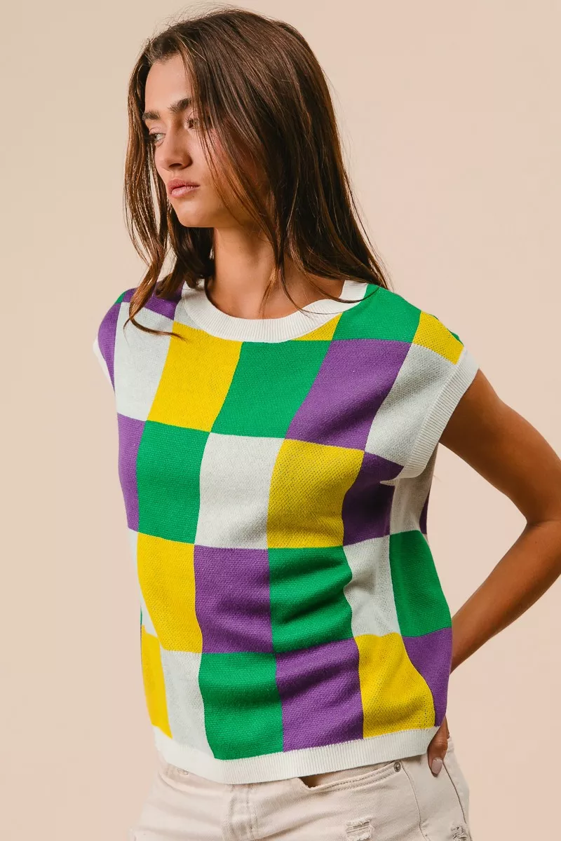 Mardi Gras Checker Pattern Sleeveless Sweater Top, image 11