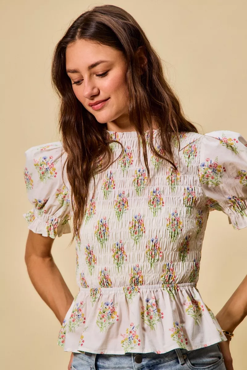 Floral Cotton Smocked Short Sleeves Blouse, image 11