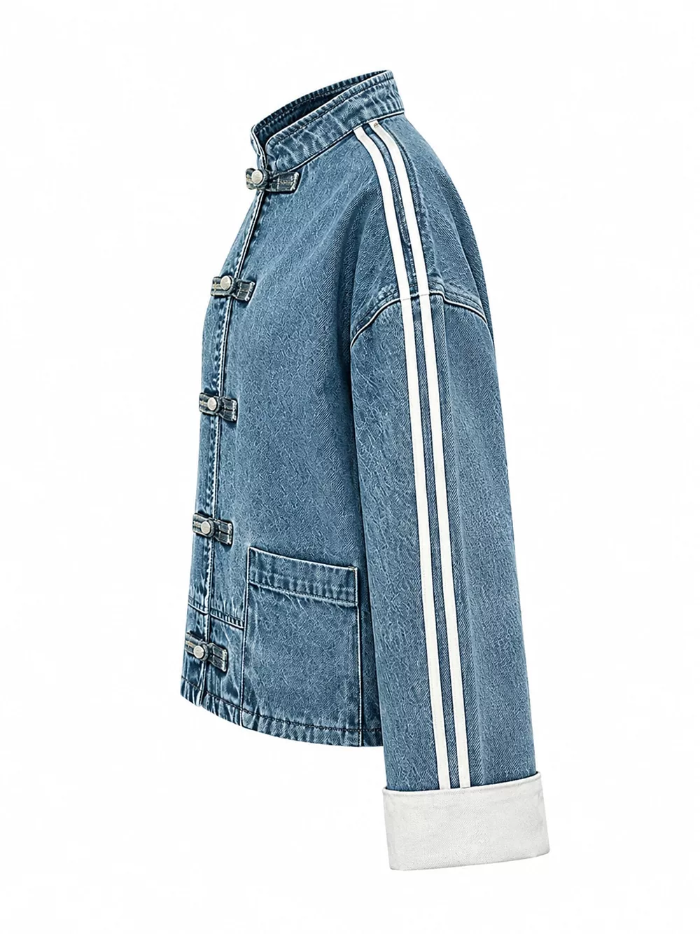 Chinese-Style Button Stand Collar Denim Jacket, image 2