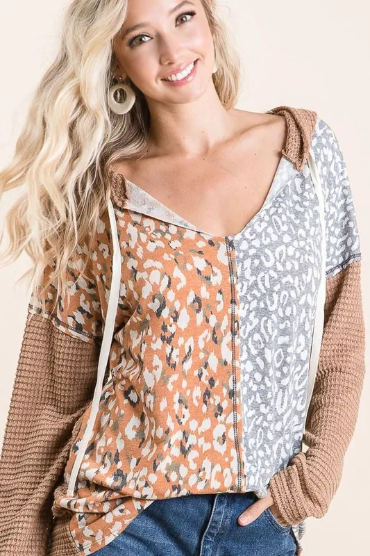 Popcorn Waffle Knit Hoodie with Print Block Front, image 4