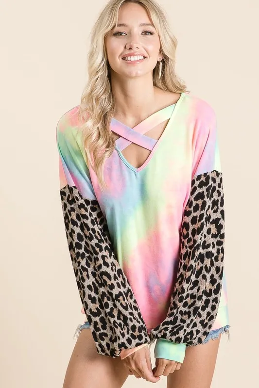 Tie Dye Terry Top with Leopard Puff Sleeves, image 5