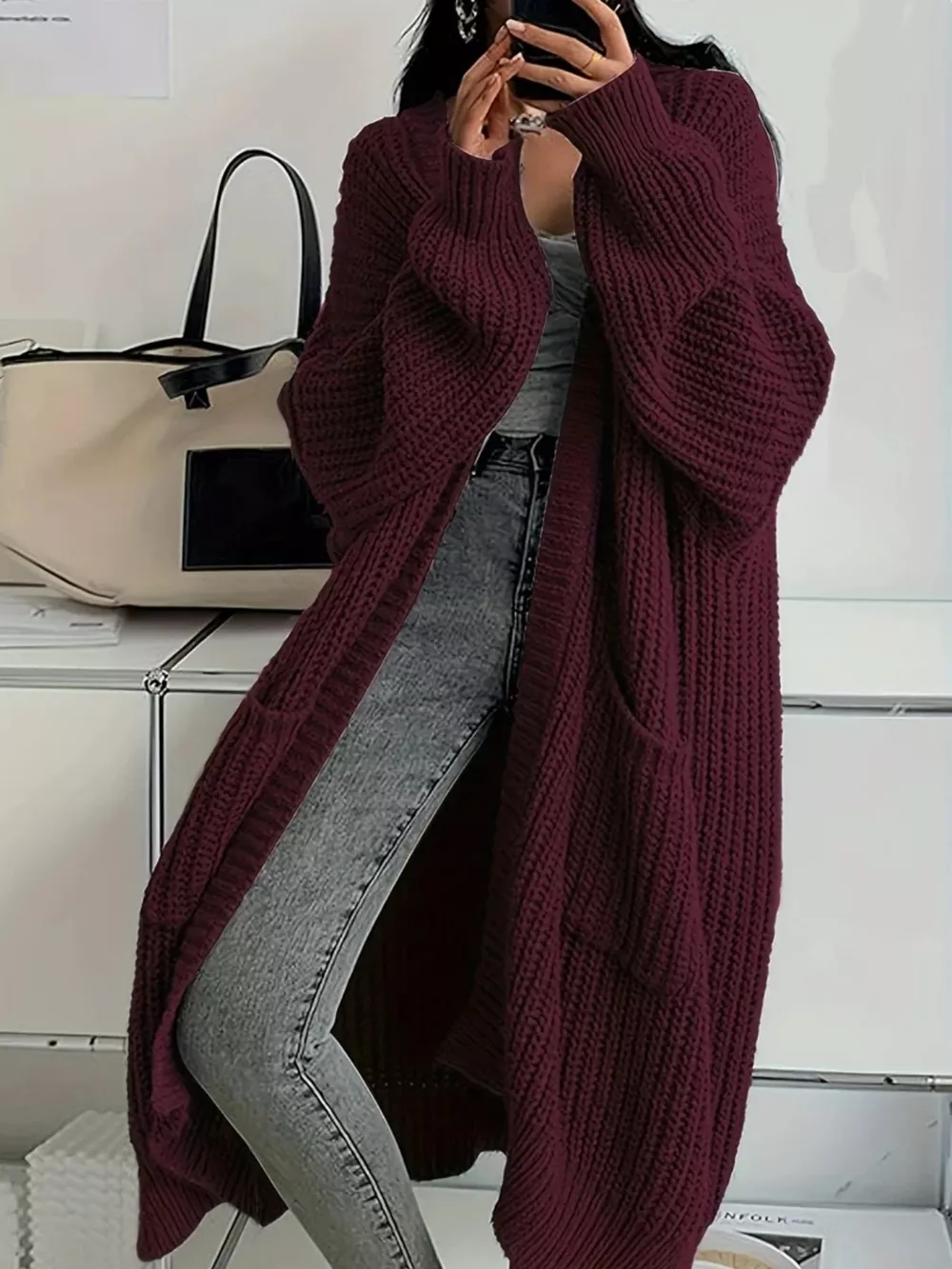 Full Size Chunky Knit Openwork Front Longline Cardigan Plus Size, image 8