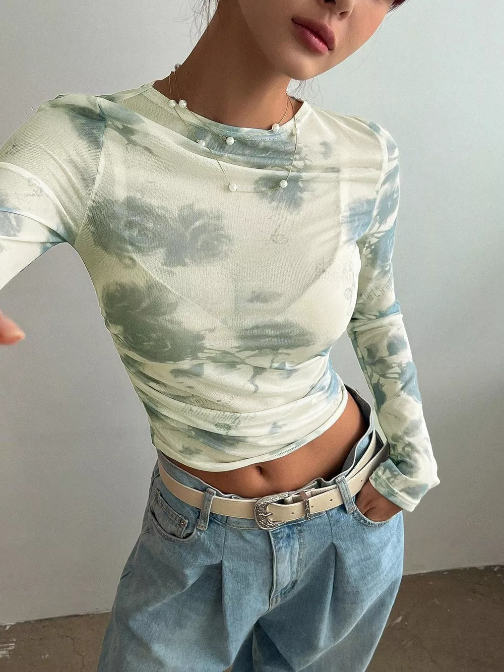 Floral Print Sheer Mesh Long Sleeve T-Shirt, image 4