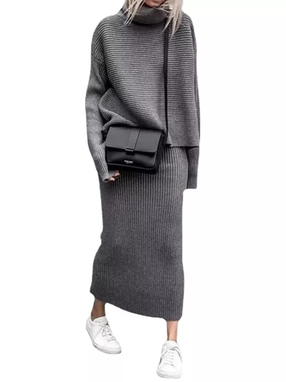Ribbed Turtleneck Sweater Set with Matching Midi Skirt, image 22
