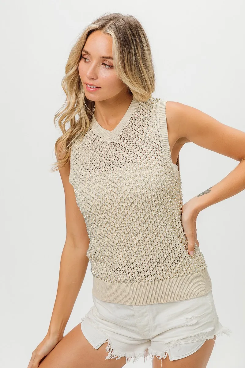 Knitted Beaded Pearl V Neck Sleveless Top, image 11