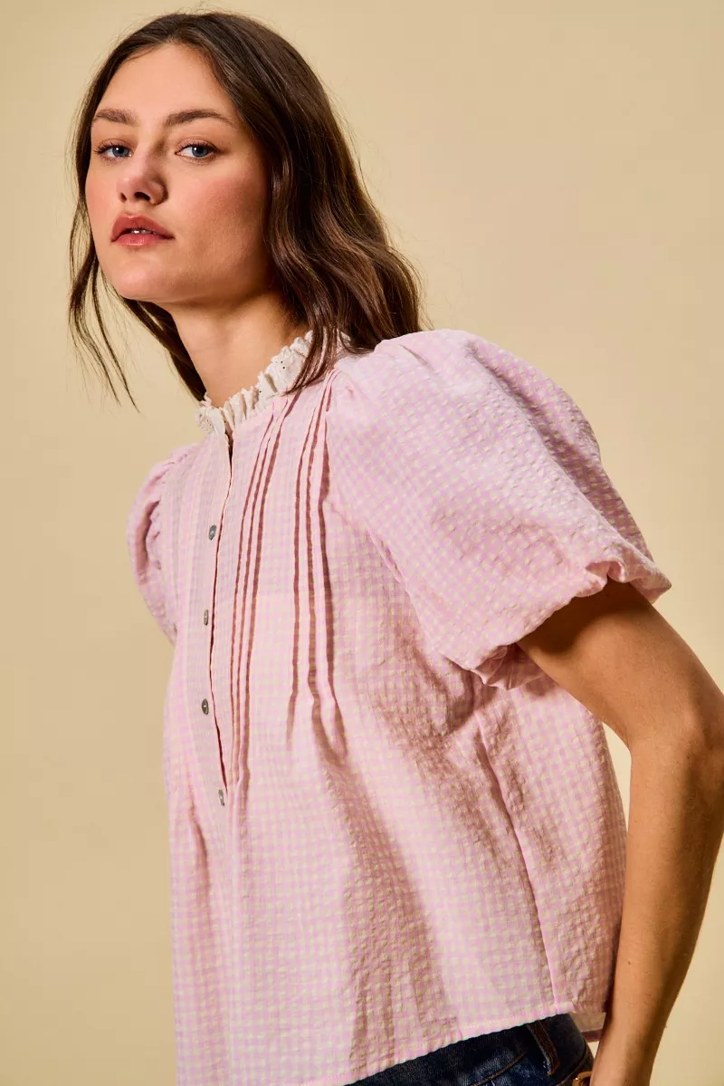 Gingham Lace Trim Button Bubble Sleeves Blouse, image 9