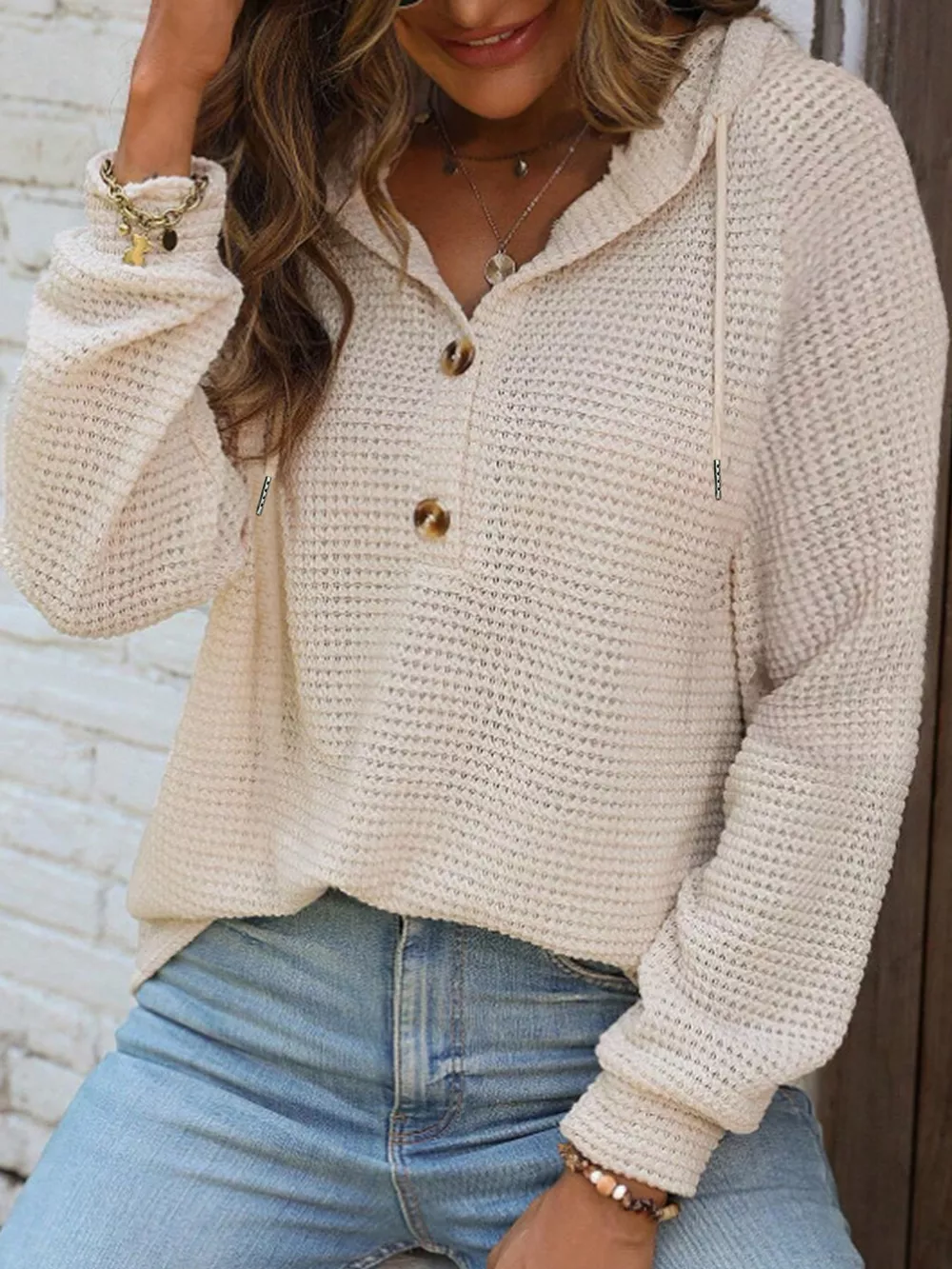 Full Size Waffle Knit Button Detail Hoodie Plus Size, image 4