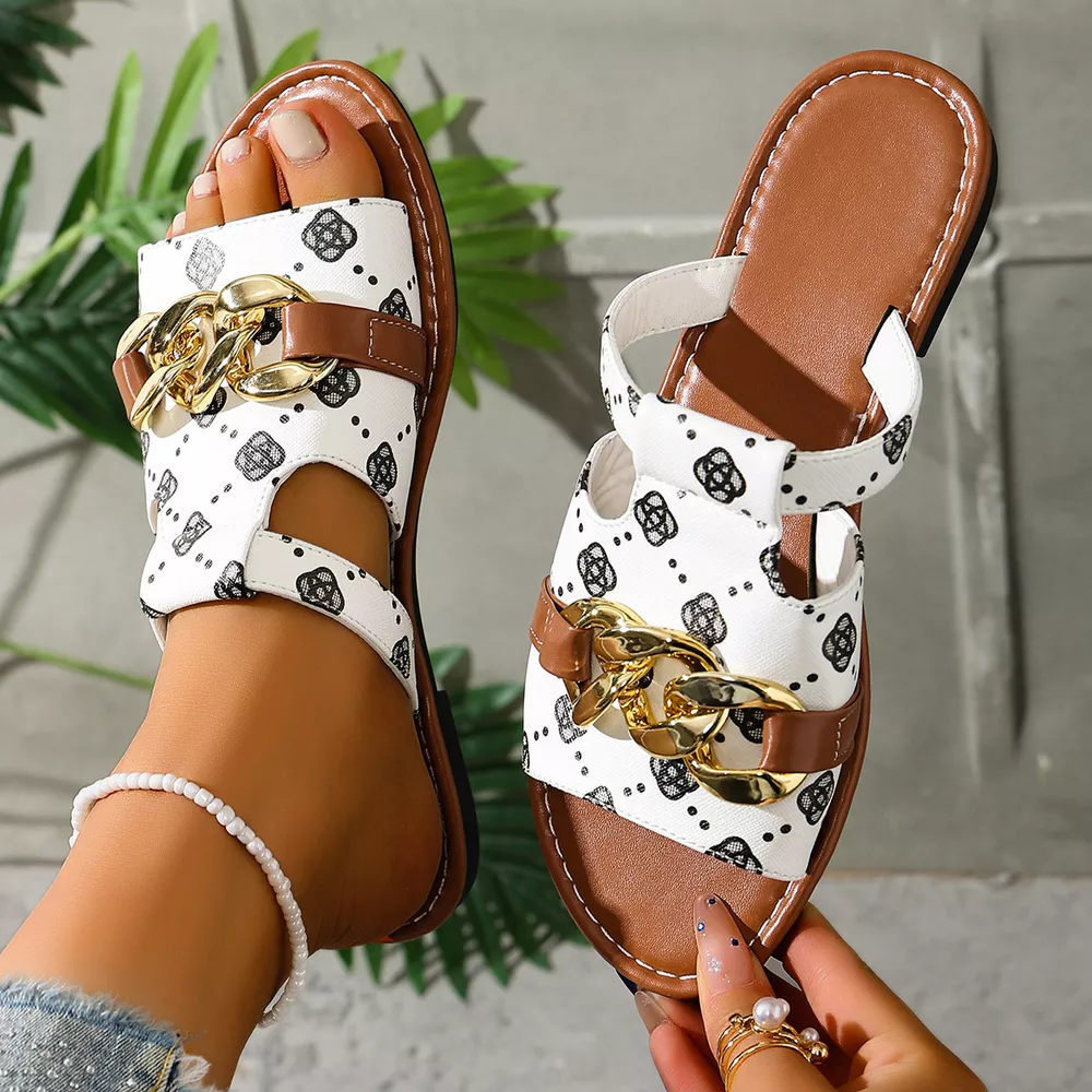 Chain-Decorated Patterned Slide Sandals, image 9