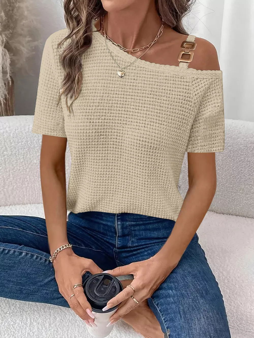 One-Shoulder Chain Detail Waffle Knit T-Shirt, image 2