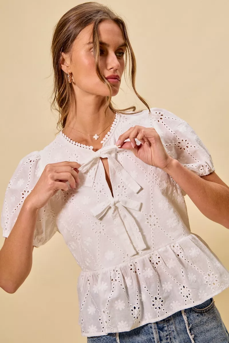 Cotton Eyelet Front Tie Short Sleeves Blouse, image 19