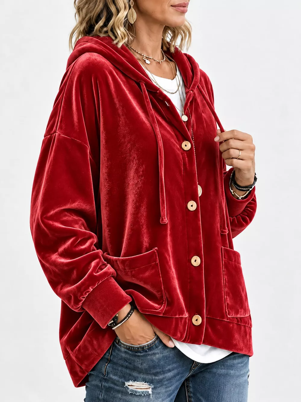 Full Size Velvet Dropped Shoulder Hoodie Plus Size, image 41