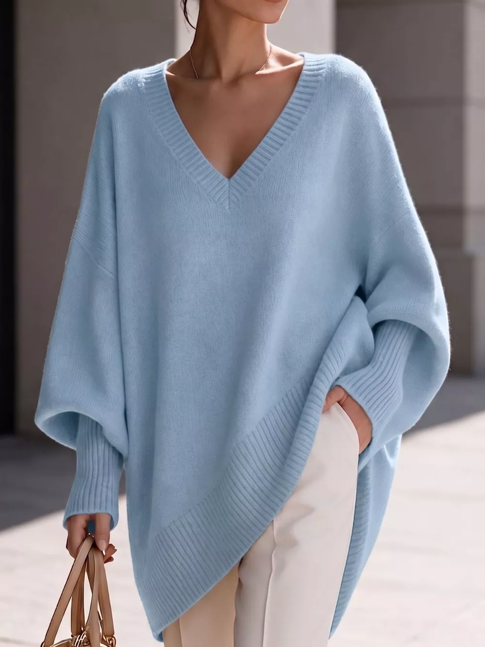 Full Size V-Neck Oversized Batwing Sleeve Sweater Plus Size, image 6