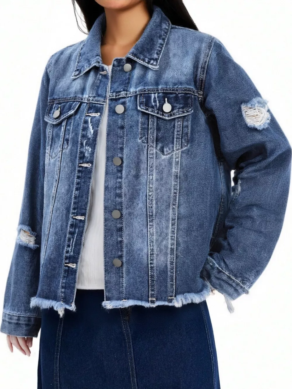 Distressed Raw Hem Denim Jacket, image 9