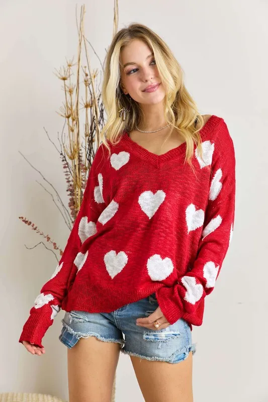 Full Size Heart V-Neck Knit Top Plus Size