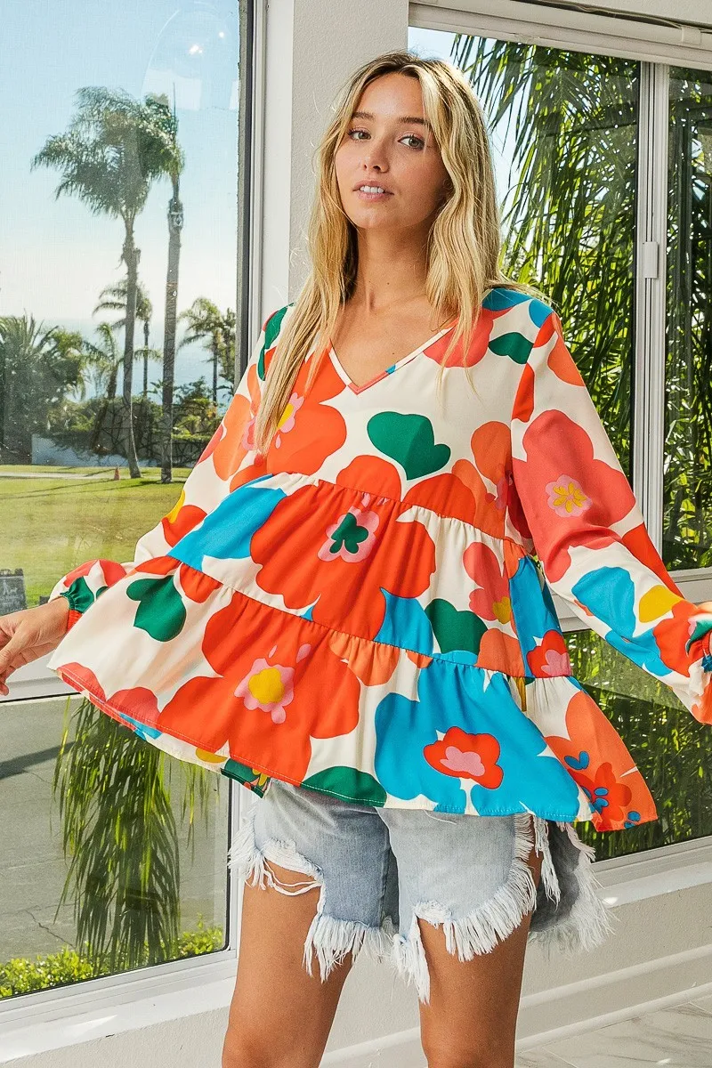Floral Woven Tiered V Neck Top, image 17
