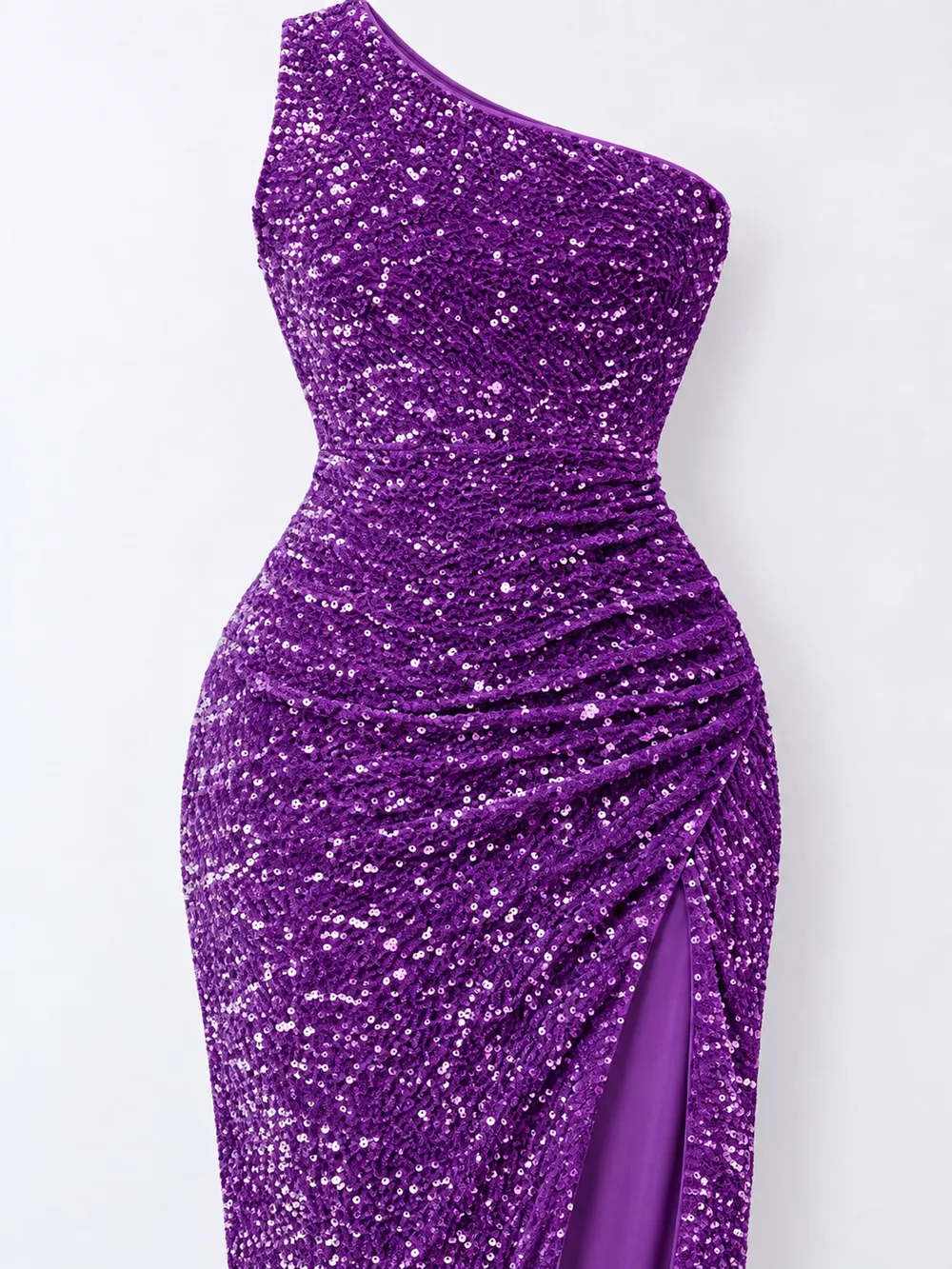 One-Shoulder Ruched Sequin High-Slit Evening Dress, image 41