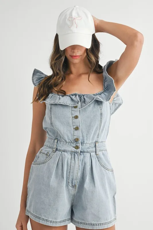 Off Shoulder Ruffle Detail Denim Romper, image 12
