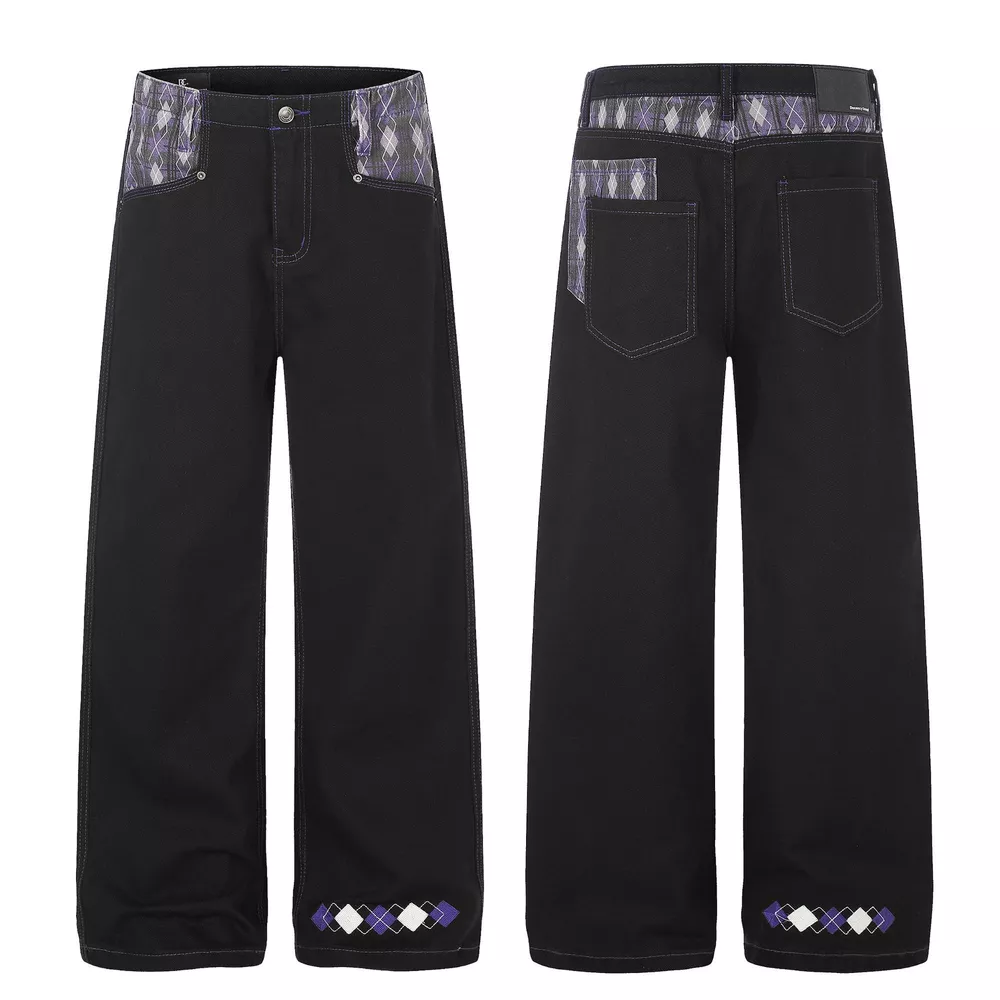 Men's High-Waisted Wide-Leg Jeans with Argyle Pattern Accents, image 4