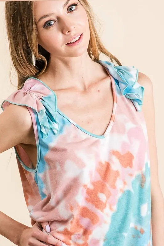 Circular Tie Dye Knit V Neck Top With Ruffle, image 6